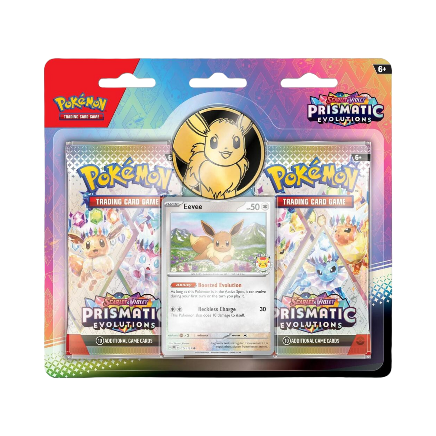 Sealed Pokémon Prismatic Evolutions 2-Pack Blister with Eevee Pokémon Day 2025 promo card, 2 booster packs, and metallic coin