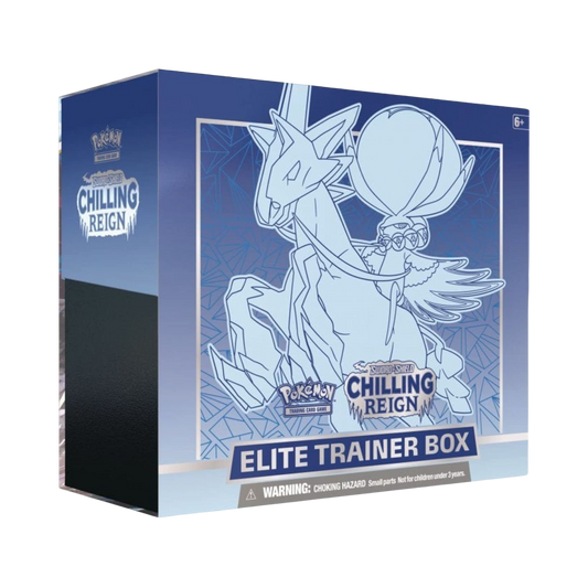 Sealed Pokémon TCG Chilling Reign Elite Trainer Box featuring Ice Rider Calyrex artwork with 8 booster packs and themed gameplay accessories