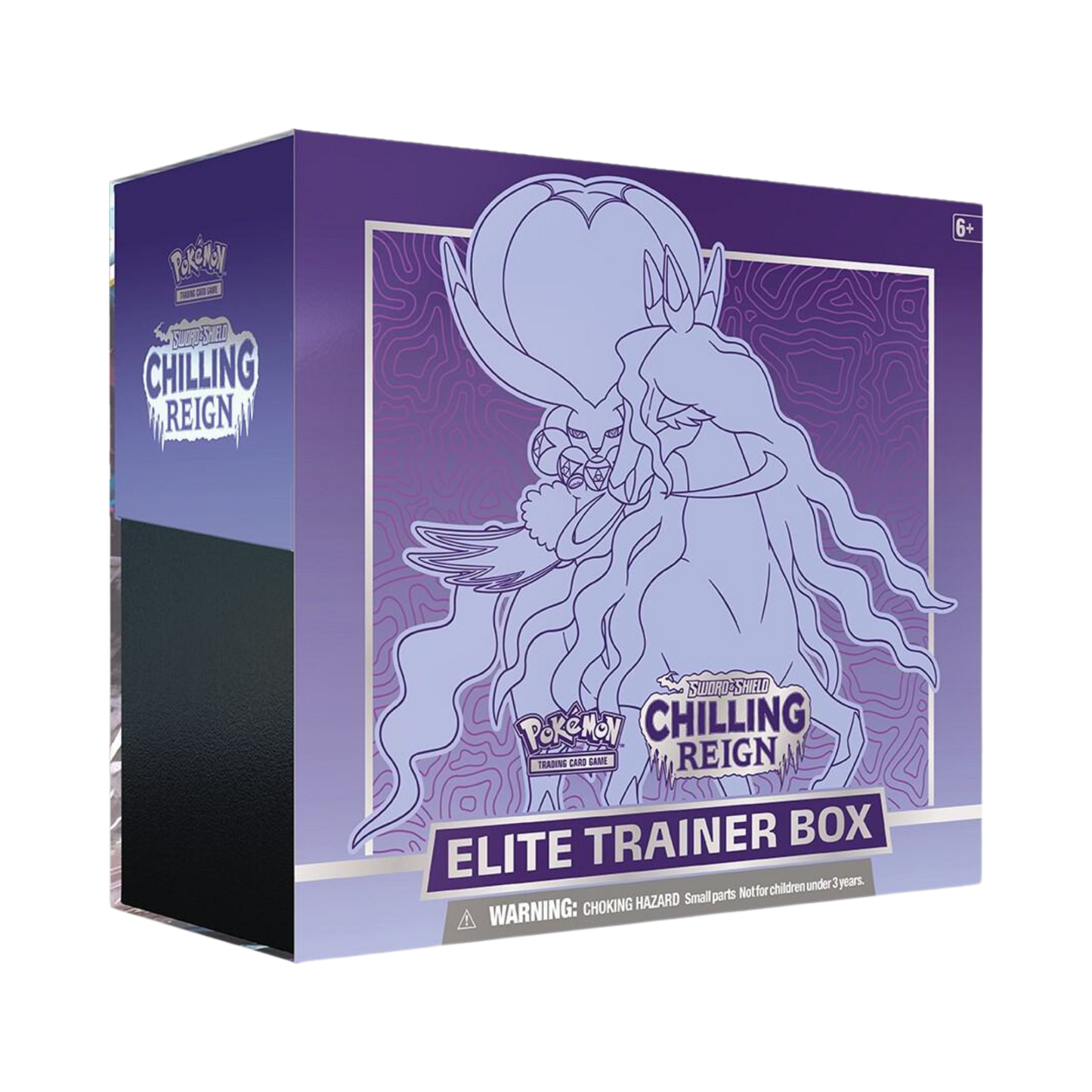 Sealed Pokémon TCG Chilling Reign Elite Trainer Box featuring Shadow Rider Calyrex artwork with 8 booster packs and themed accessories