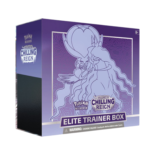 Sealed Pokémon TCG Chilling Reign Elite Trainer Box featuring Shadow Rider Calyrex artwork with 8 booster packs and themed accessories
