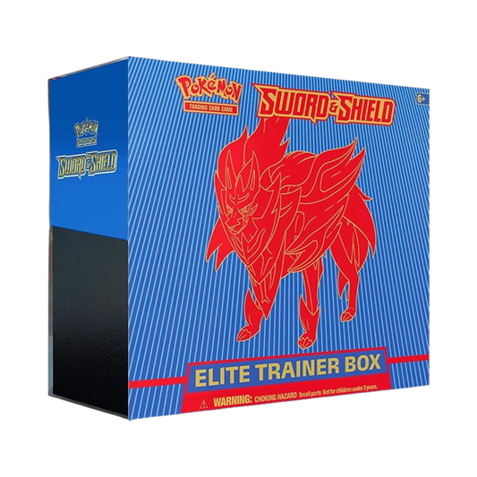 Sealed Pokémon Sword & Shield Elite Trainer Box featuring Zamazenta artwork, includes booster packs and themed TCG accessories