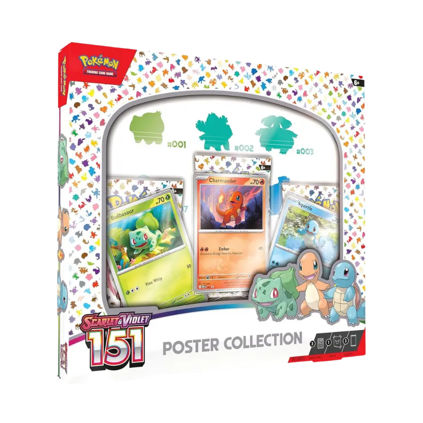 Sealed Pokémon 151 Poster Collection with Bulbasaur, Charmander, and Squirtle foil promos, 3 booster packs, and themed Kanto region poster