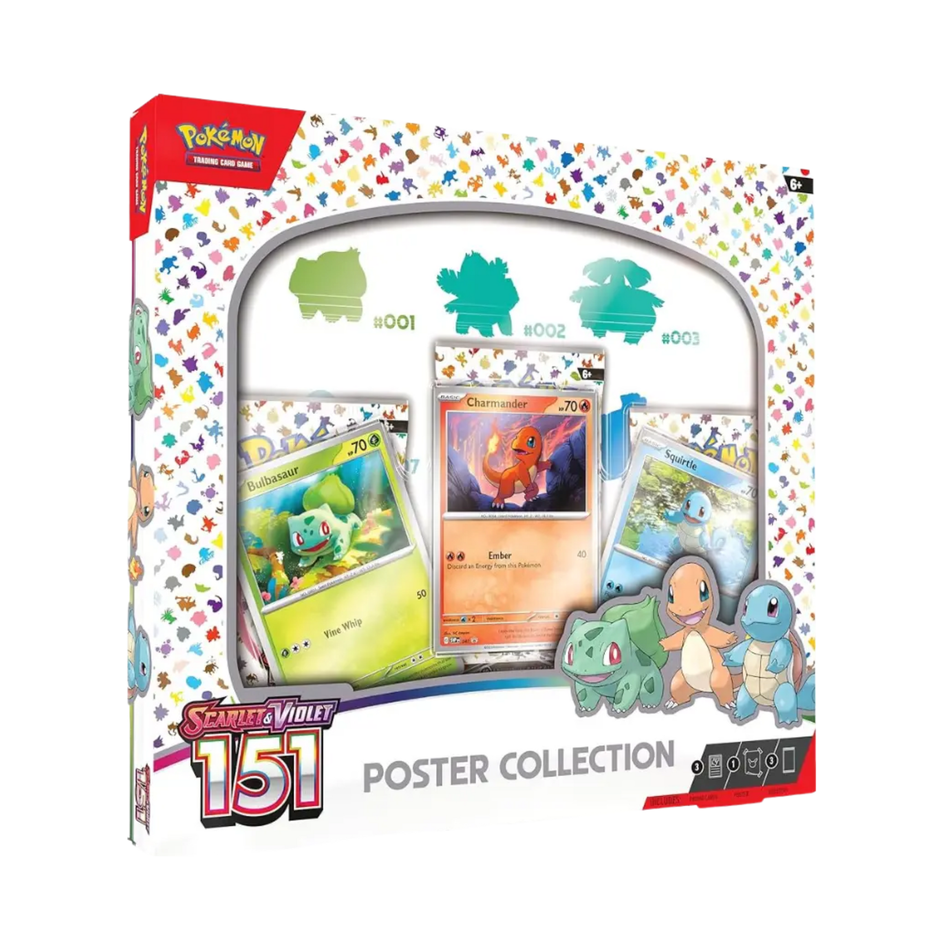Sealed Pokémon 151 Poster Collection with Bulbasaur, Charmander, and Squirtle foil promos, 3 booster packs, and themed Kanto region poster