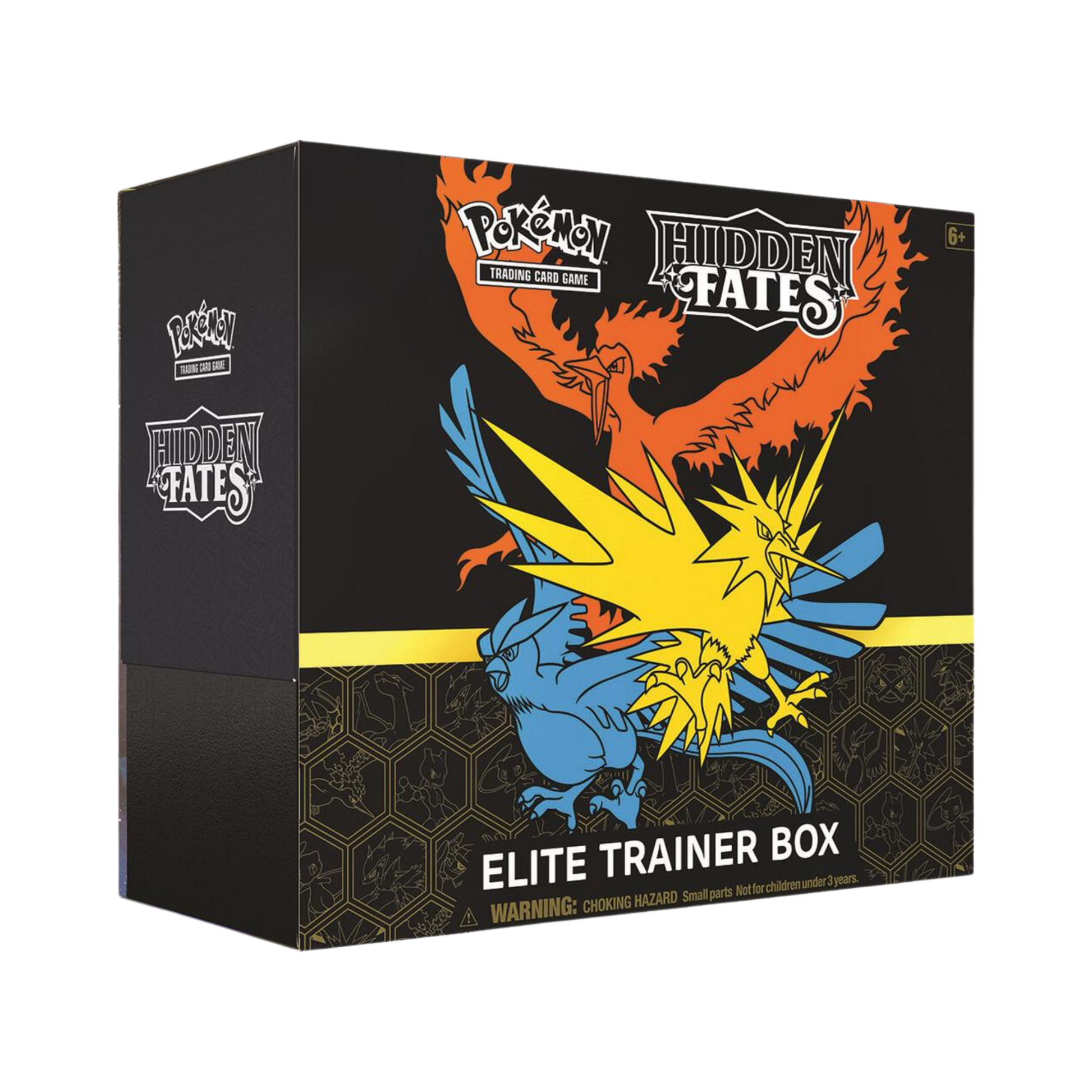 Sealed Pokémon Hidden Fates Elite Trainer Box with Legendary Birds promo card, 10 booster packs, themed sleeves, and gameplay accessories