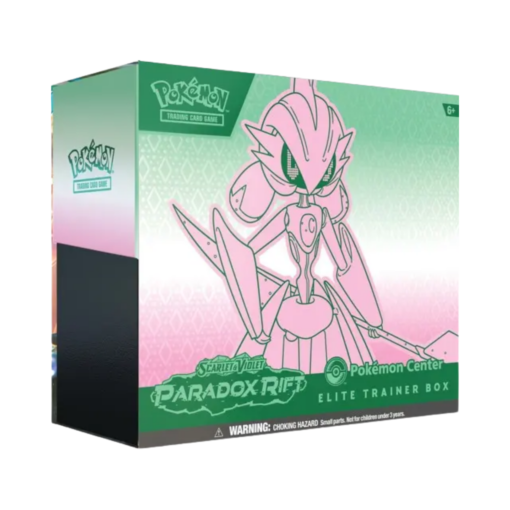 Sealed Pokémon Paradox Rift Pokémon Center Elite Trainer Box featuring Iron Valiant promo, 9 booster packs, card sleeves, and accessories