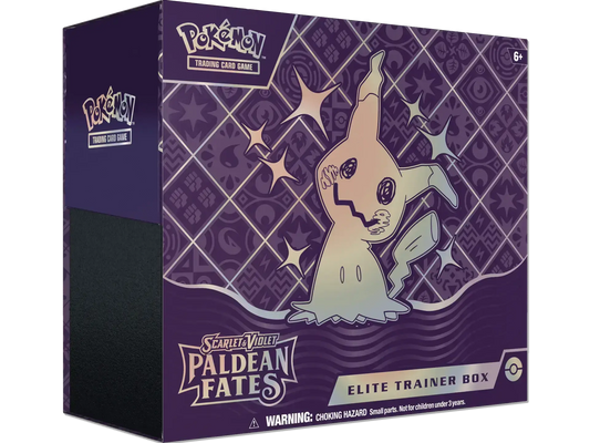 Sealed Pokémon Paldean Fates Elite Trainer Box with Shiny Mimikyu promo, 9 booster packs, sleeves, and accessories