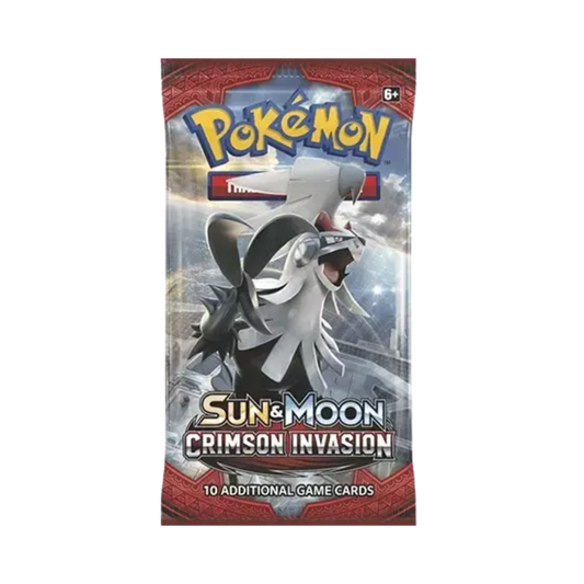 Sealed Pokémon Crimson Invasion Booster Pack with 10 cards and random artwork from the Sun & Moon expansion