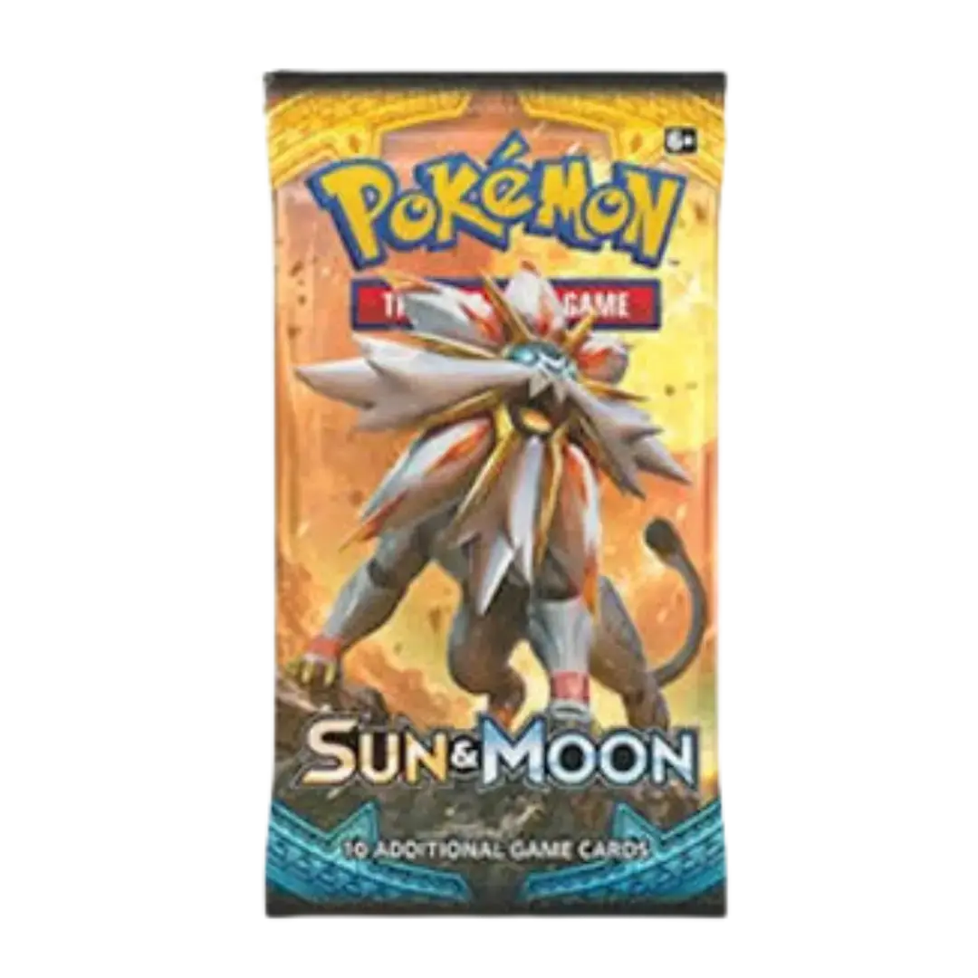 Sealed Pokémon Sun & Moon Base Set Booster Pack with 10 cards, random artwork, and GX mechanic introduction