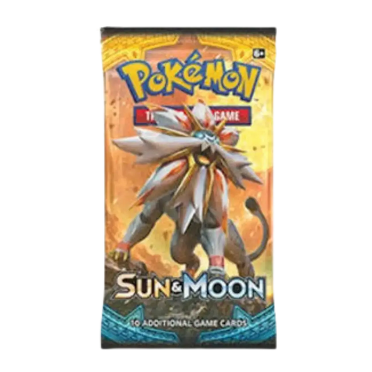 Sealed Pokémon Sun & Moon Base Set Booster Pack with 10 cards, random artwork, and GX mechanic introduction