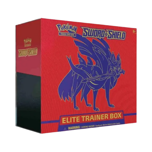 Sealed Pokémon Sword & Shield Elite Trainer Box featuring Zacian from the base SWSH01 set with booster packs, sleeves, and gameplay accessories