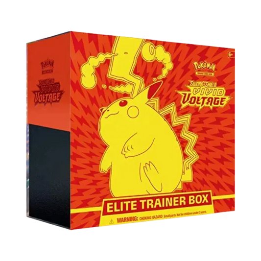 Sealed Pokémon Vivid Voltage Elite Trainer Box featuring Gigantamax Pikachu with 8 booster packs, sleeves, and gameplay accessories