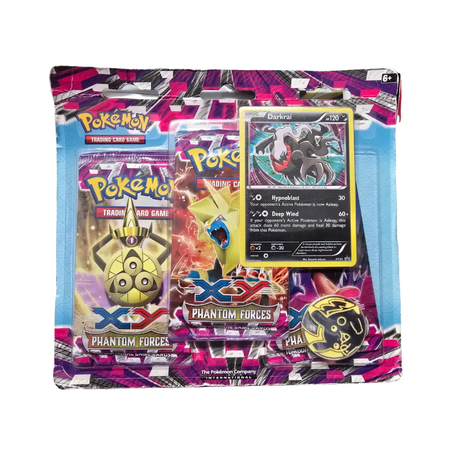 Sealed Pokémon XY Phantom Forces 3-Pack Blister with Darkrai promo card and 3 booster packs in collectible blister packaging