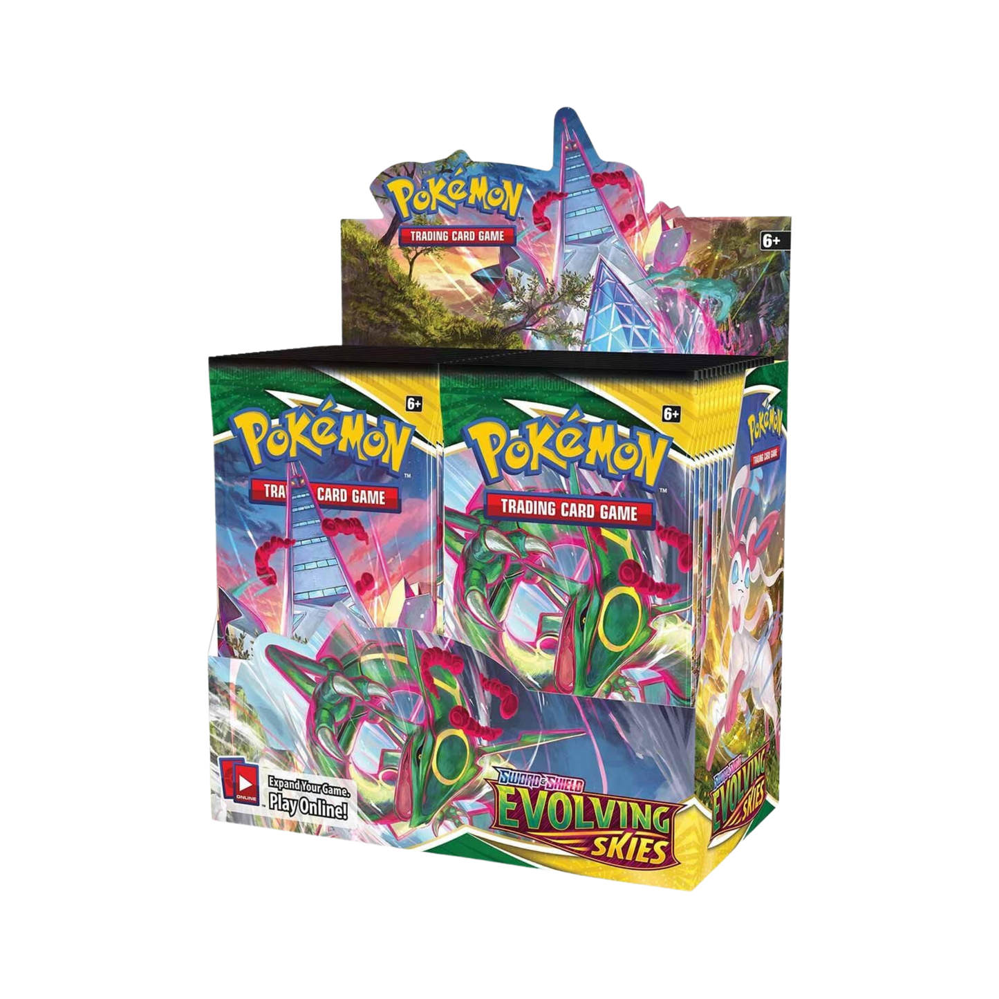 Sealed Pokémon TCG Sword & Shield Evolving Skies Booster Box with 36 booster packs featuring Eeveelution and Dragon-type artwork