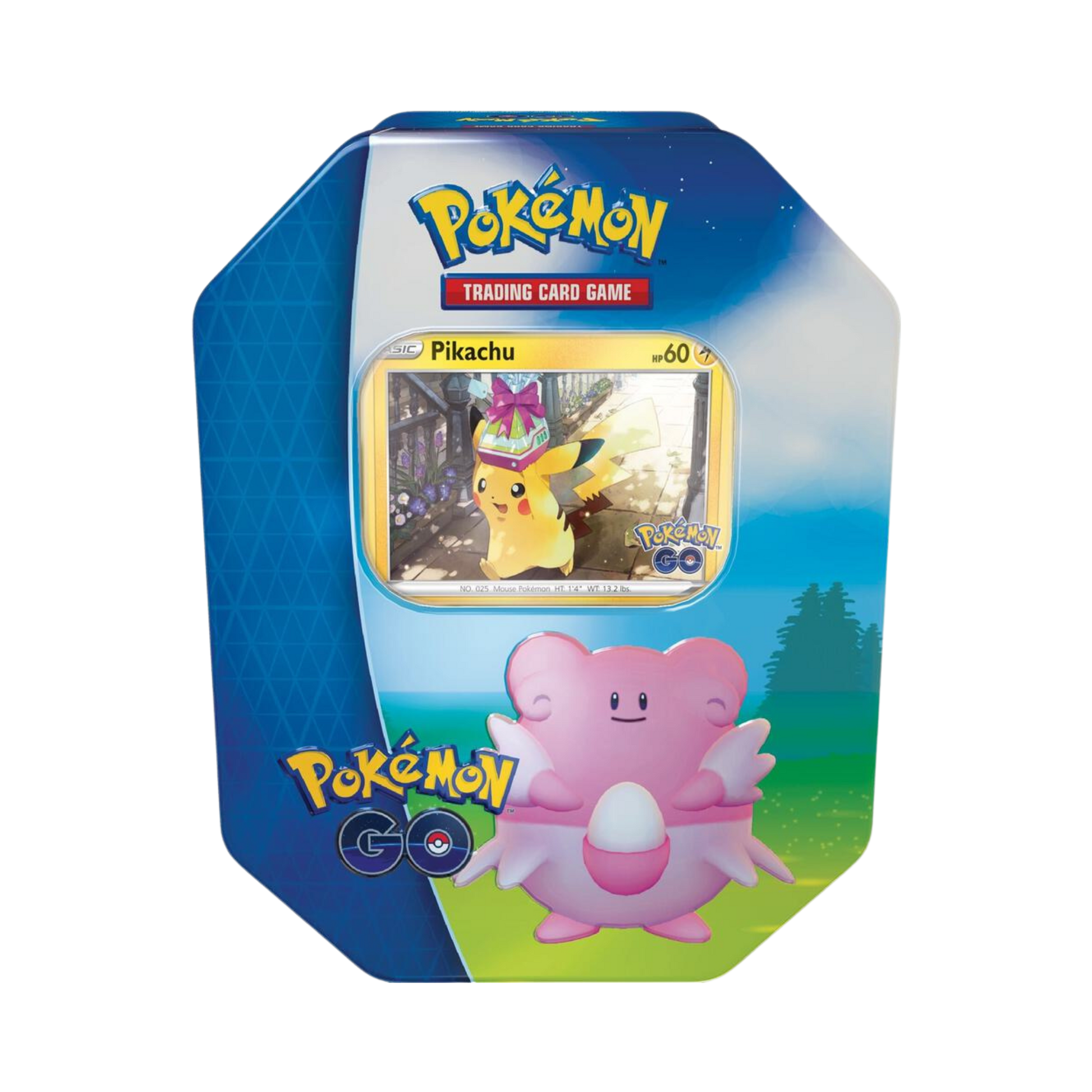 Sealed Pokémon GO Tin featuring Pikachu promo card, 4 booster packs, sticker sheet, and additional foil card