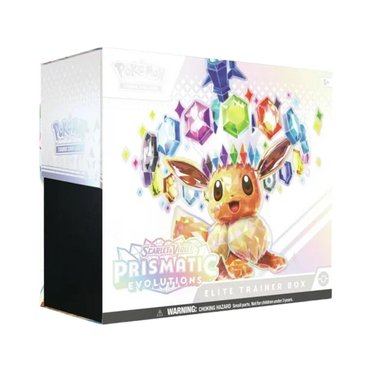 Sealed Pokémon Prismatic Evolutions Elite Trainer Box with 9 booster packs, promo card, and themed accessories from the Scarlet & Violet series