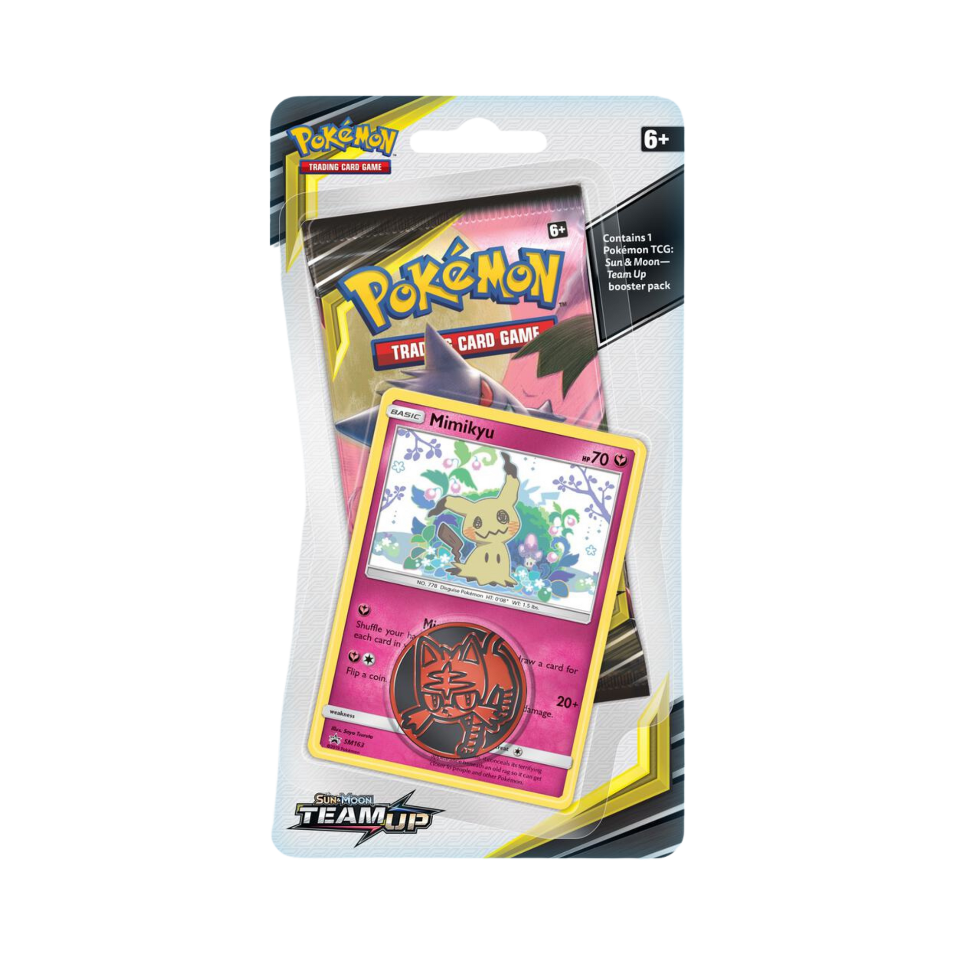 Sealed Pokémon Team Up Single Pack Blister with Mimikyu promo card, 1 booster pack, and collectible coin